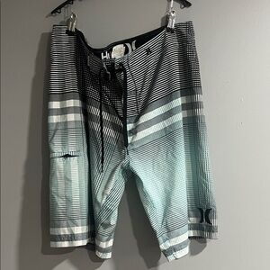 Hurley Men's Swim Shorts - Black, Gray, and White Stripes 36